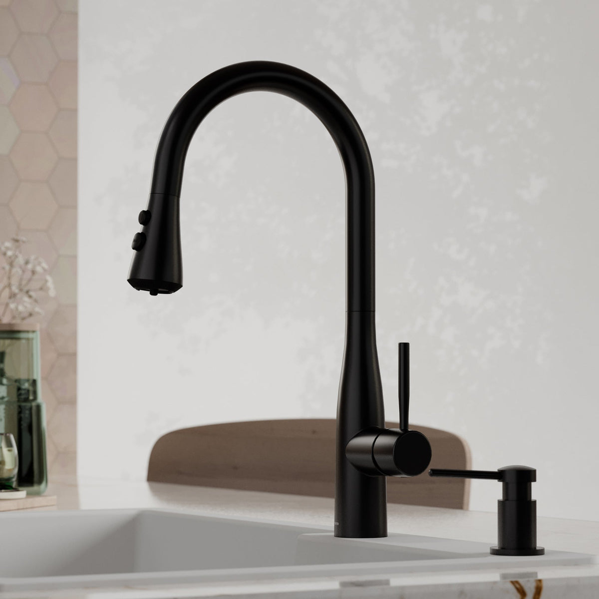 Faraday pull down kitchen faucet in Matte Black, installed in a kitchen
