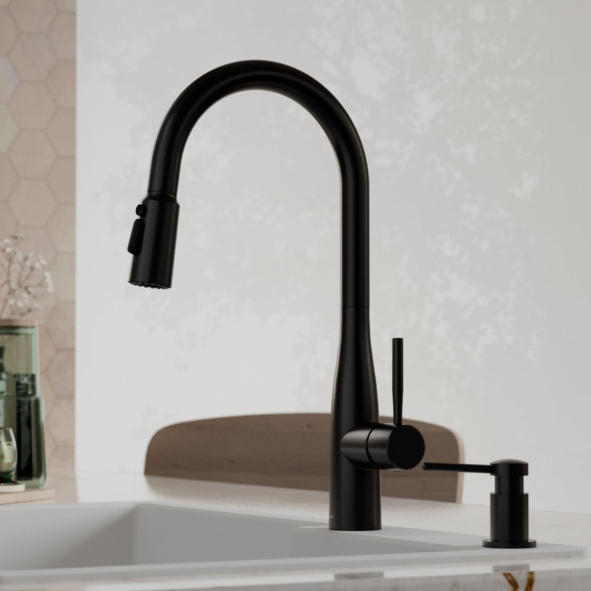 Faraday pull down kitchen faucet in Matte Black, installed in a kitchen with the alternate spray head