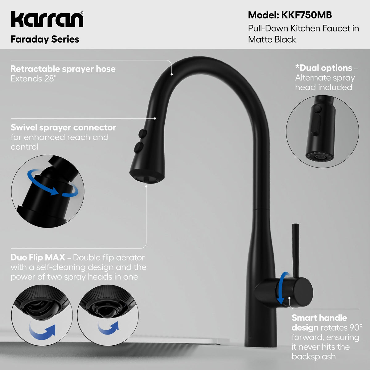 Faraday pull down kitchen faucet in Matte Black, feature highlights