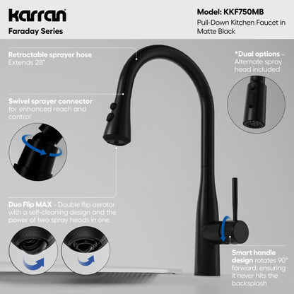 Faraday pull down kitchen faucet in Matte Black, feature highlights