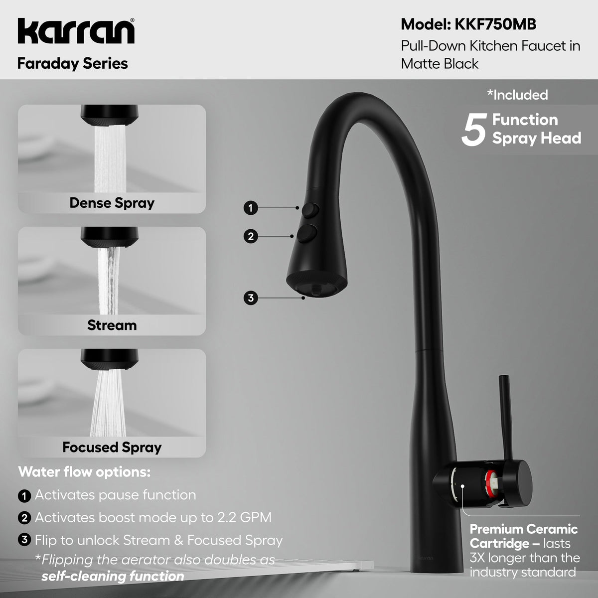 Faraday pull down kitchen faucet in Matte Black, five function spray mode guide
