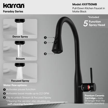 Faraday pull down kitchen faucet in Matte Black, five function spray mode guide