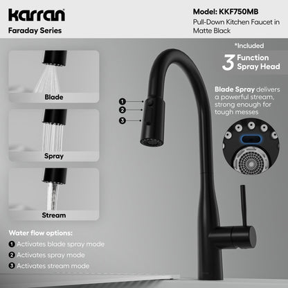 Faraday pull down kitchen faucet in Matte Black, three function spray mode guide