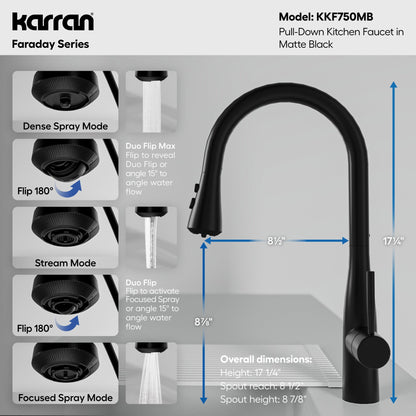 Faraday pull down kitchen faucet in Matte Black, dimensions diagram