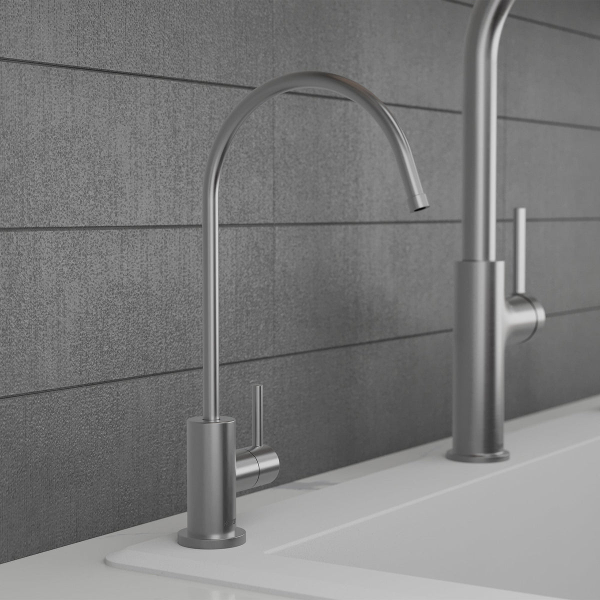 Kestrel beverage and filtered water faucet in Spot-Free Stainless Steel, installed in a kitchen