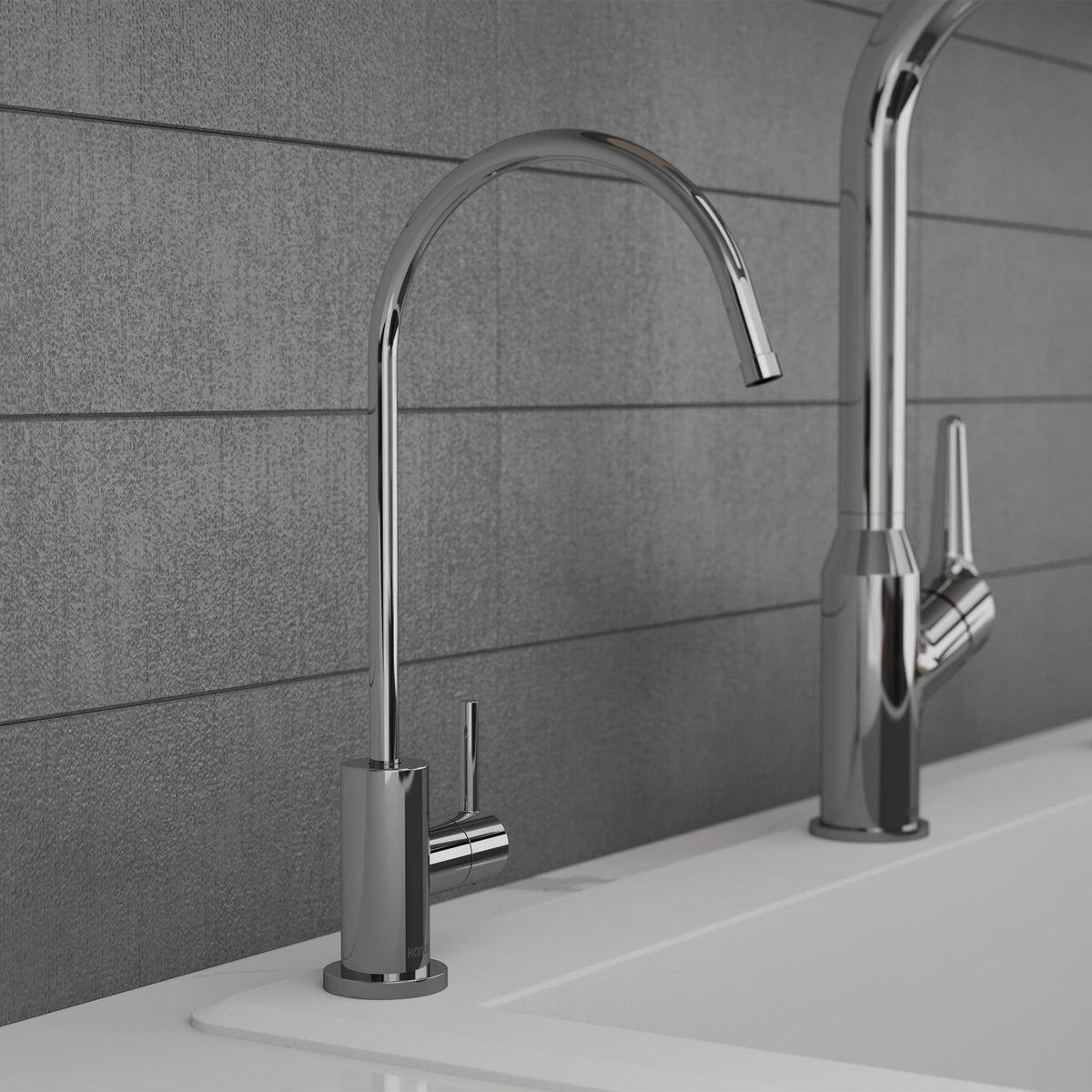 Kestrel beverage and filtered water faucet in Polished Chrome, installed in a kitchen