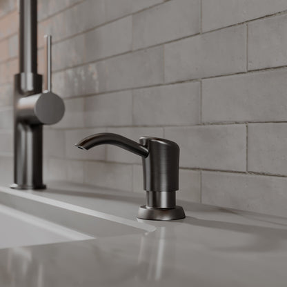 Ludlow kitchen soap dispenser in Spot-Free Gunmetal Grey, installed beside a kitchen faucet
