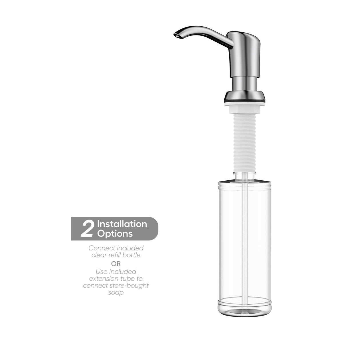 Ludlow kitchen soap dispenser in Polished Chrome, with the refill bottle and installation options