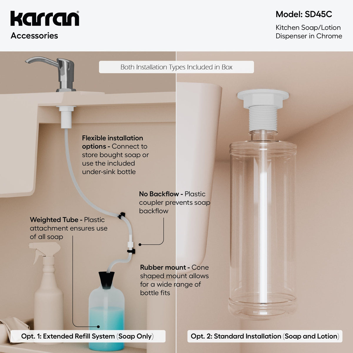 Ludlow kitchen soap dispenser in Polished Chrome, feature highlights