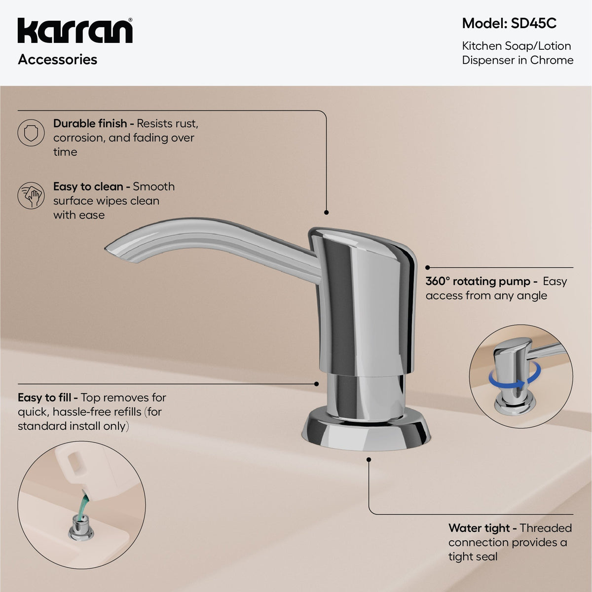 Ludlow kitchen soap dispenser in Polished Chrome, feature highlights