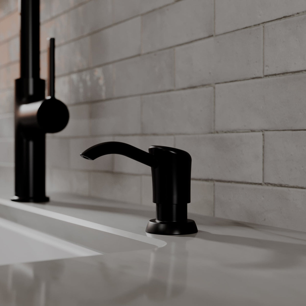 Ludlow kitchen soap dispenser in Matte Black, installed beside a kitchen faucet