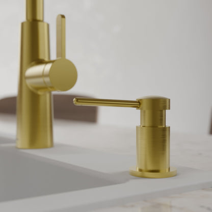 Pembrey kitchen soap dispenser in Spot-Free Brushed Gold, installed beside a kitchen faucet
