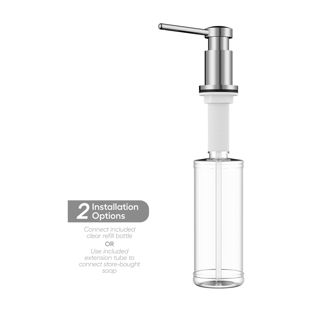 Pembrey kitchen soap dispenser in Polished Chrome, with the refill bottle and installation options