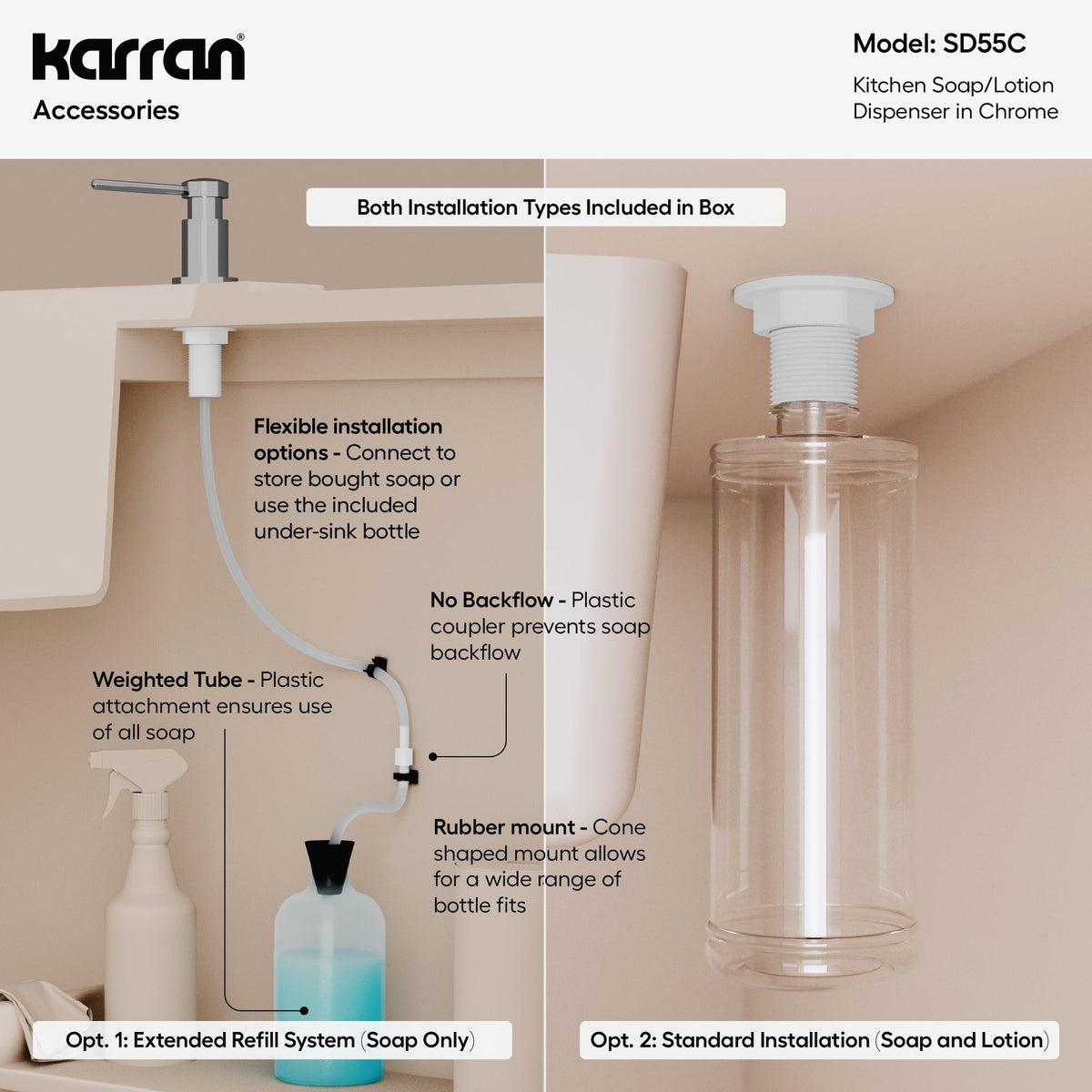 Pembrey kitchen soap dispenser in Polished Chrome, feature highlights