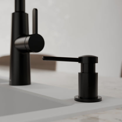 Pembrey kitchen soap dispenser in Matte Black, installed beside a kitchen faucet