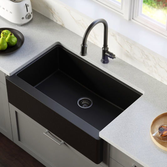 Petrodust 34 inch quartz composite apron front farmhouse kitchen sink with workstation