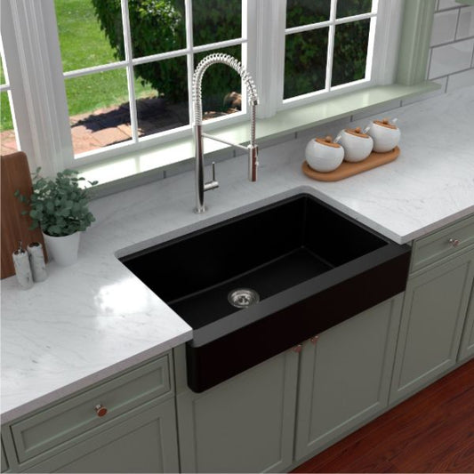 Petrodust 34 inch quartz composite retrofit apron farmhouse kitchen sink with workstation