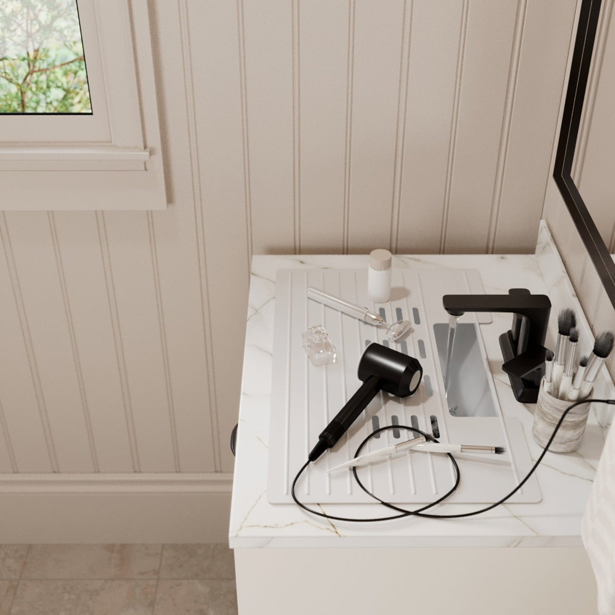 Roll up silicone vanity bowl mat in White, on a bathroom vanity top