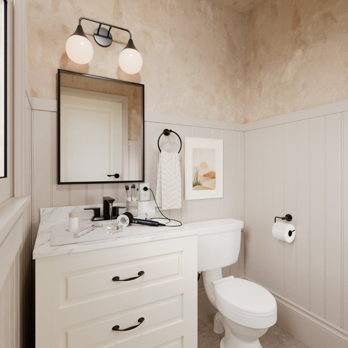 Roll up silicone vanity bowl mat in White, in a styled bathroom