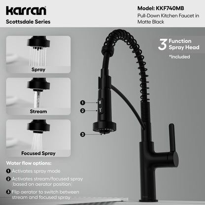 Scottsdale commercial style pull down kitchen faucet in Matte Black, three function spray mode guide