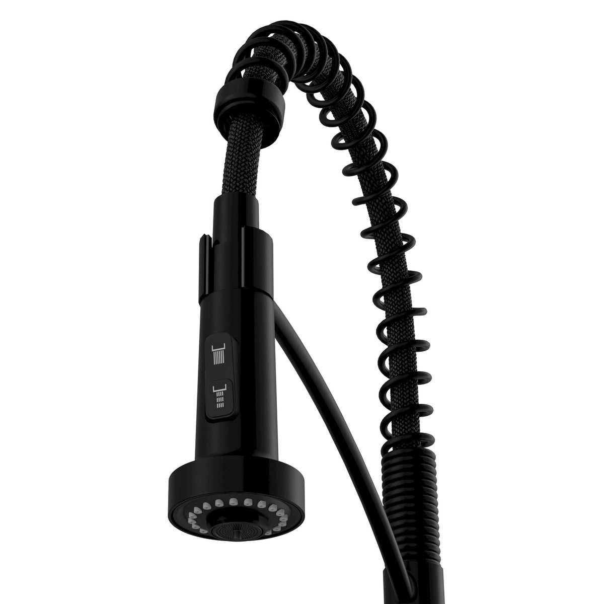 Scottsdale commercial style pull down kitchen faucet in Matte Black, spray head close up