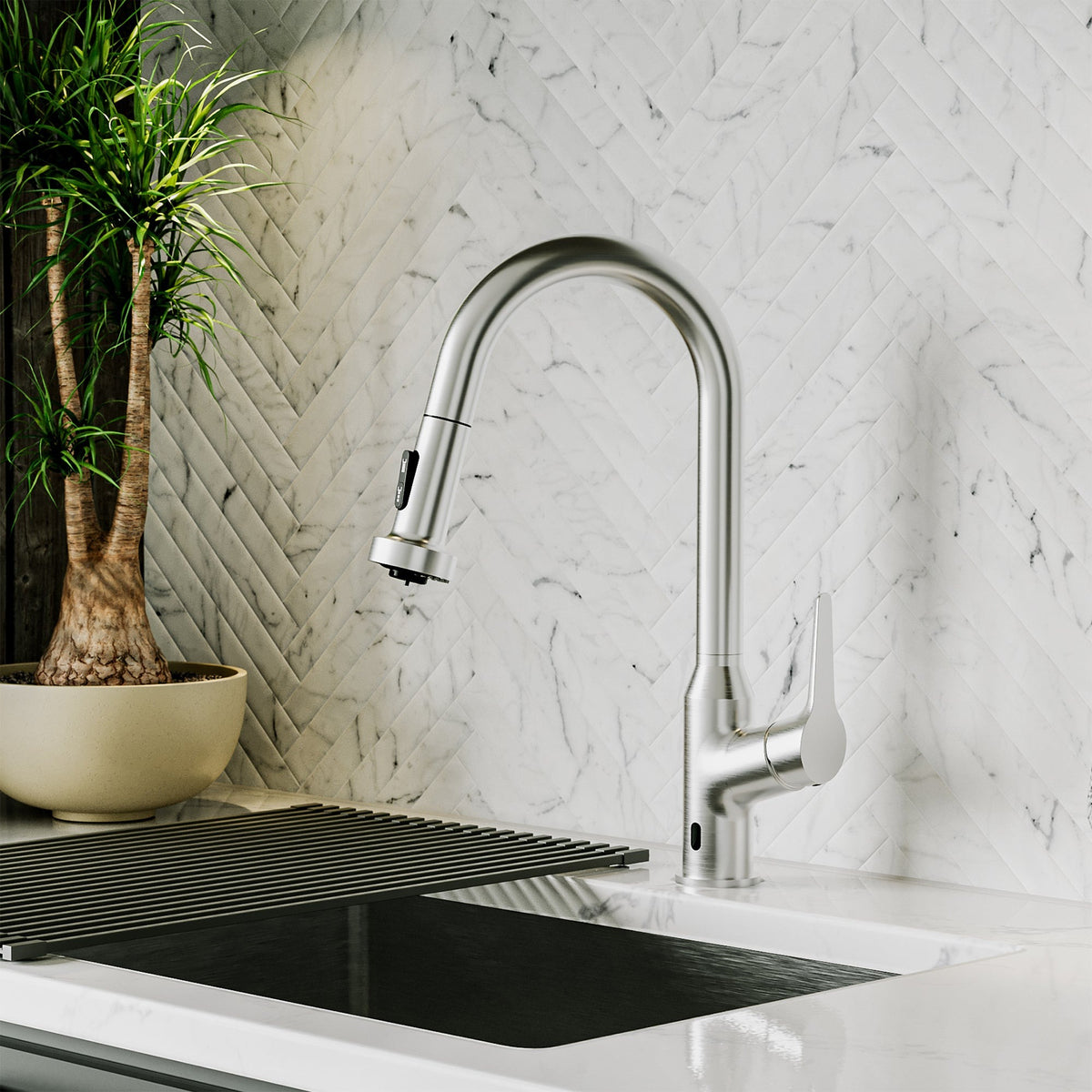 Scottsdale touchless sensor pull down kitchen faucet in Spot-Free Stainless Steel, installed in a kitchen