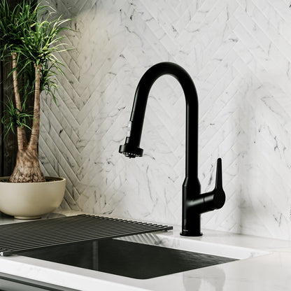 Scottsdale touchless sensor pull down kitchen faucet in Matte Black, installed in a kitchen