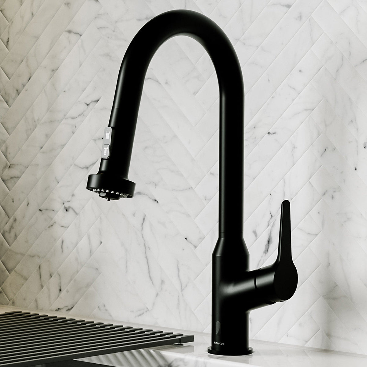 Scottsdale touchless sensor pull down kitchen faucet in Matte Black, in a styled kitchen