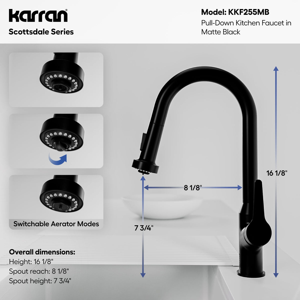 Scottsdale touchless sensor pull down kitchen faucet in Matte Black, dimensions diagram