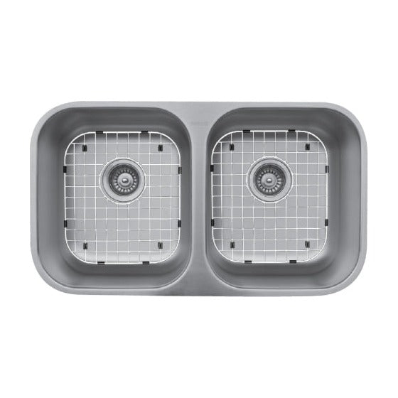 Stainless steel kitchen sink grid for E-350, U-5050, Q-350, shown in a matching sink