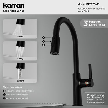 Stalbridge gooseneck pull down kitchen faucet in Matte Black, feature highlights