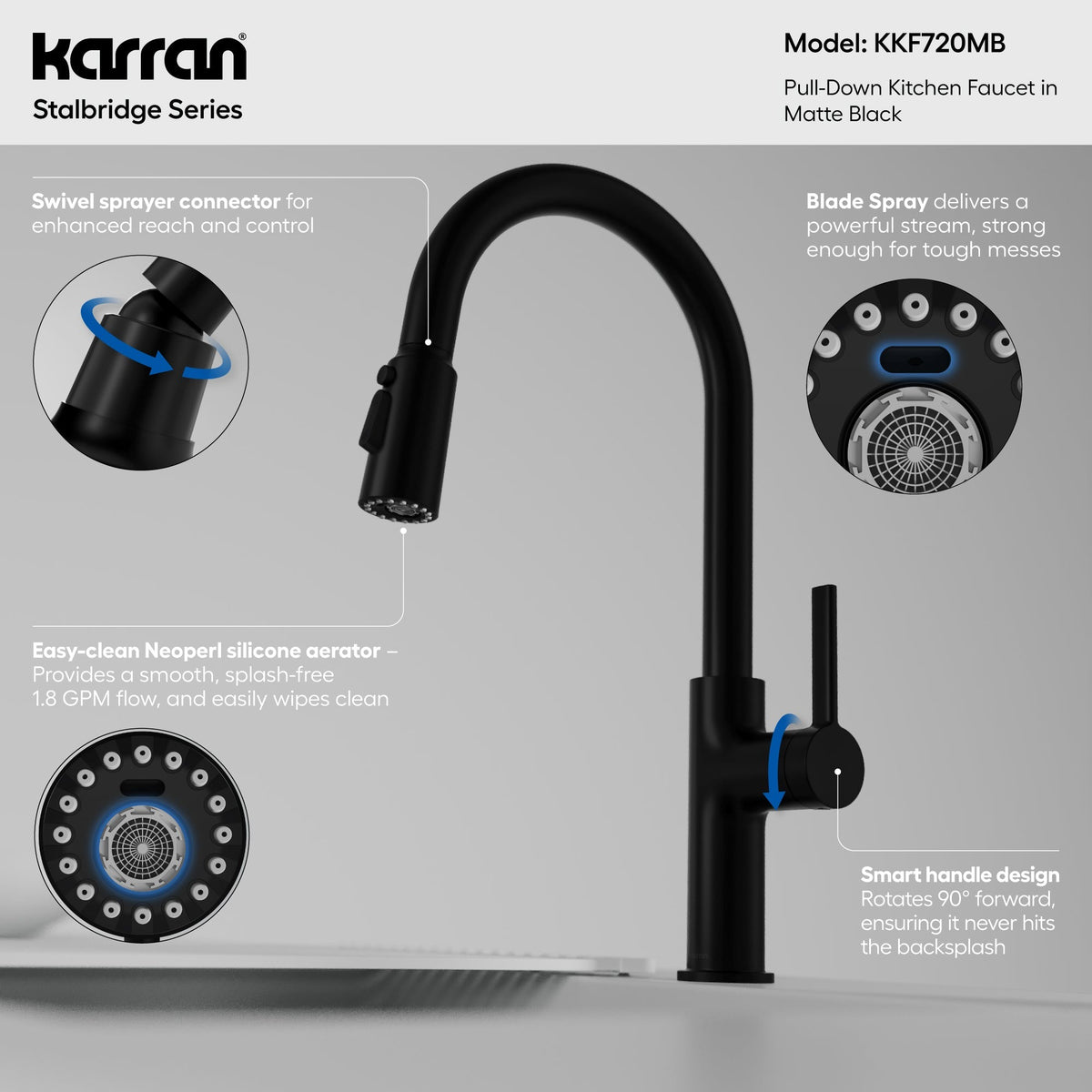 Stalbridge gooseneck pull down kitchen faucet in Matte Black, feature highlights