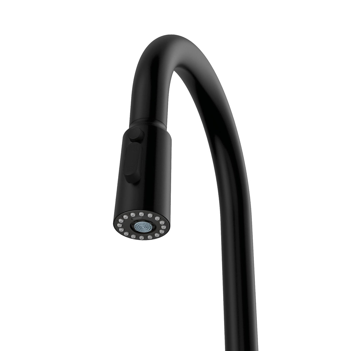 Stalbridge gooseneck pull down kitchen faucet in Matte Black, spray head close up