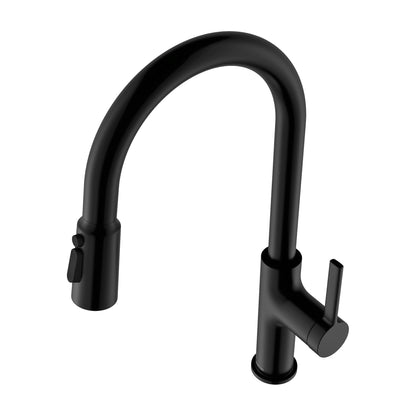 Stalbridge gooseneck pull down kitchen faucet in Matte Black, angled view