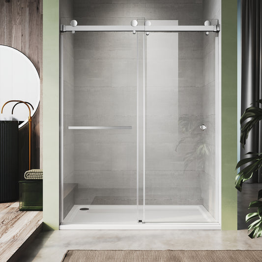 Kuron frameless double sliding shower door in 3/8 inch clear tempered glass