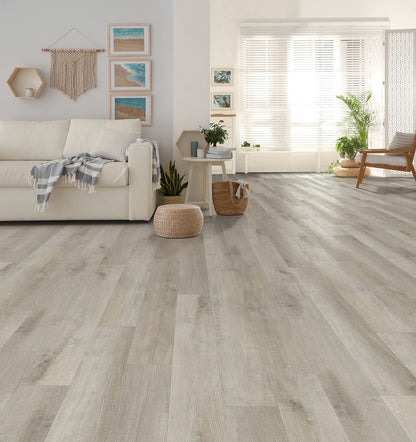 Glen Manor Earl Grey waterproof SPC vinyl plank flooring, EIR texture, beveled 48 by 7 inch planks, matte