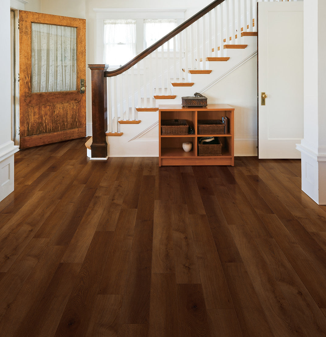 Glen Manor Hennessy waterproof SPC vinyl plank flooring, attached 2 mm IXPE pad, EIR texture, 7 inch wide planks
