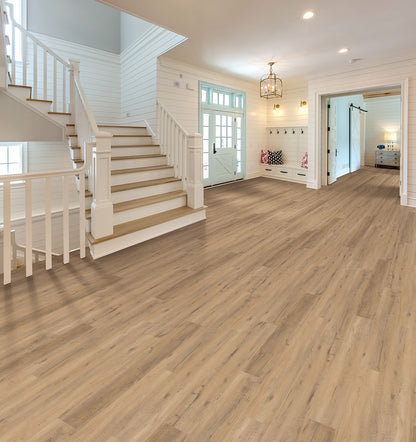 Glen Manor Mustang waterproof SPC vinyl plank flooring, attached 2 mm IXPE pad, beveled 48 inch planks