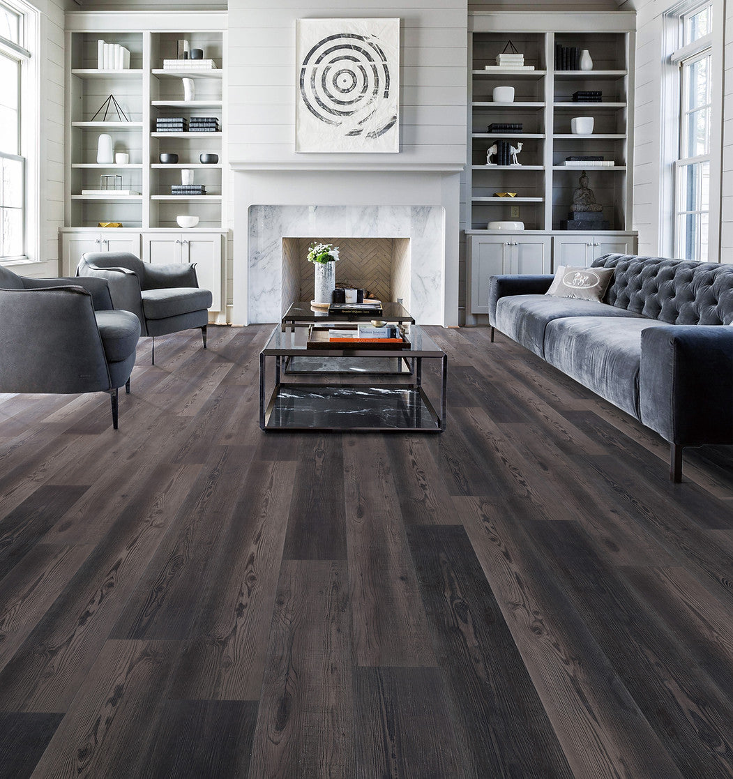 Regal Heights Espresso waterproof SPC vinyl plank flooring, 9 inch wide planks, diamond dust surface, matte finish