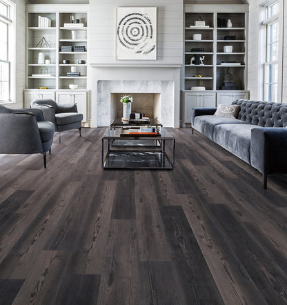 Regal Heights Espresso waterproof SPC vinyl plank flooring, 9 inch wide planks, diamond dust surface, matte finish
