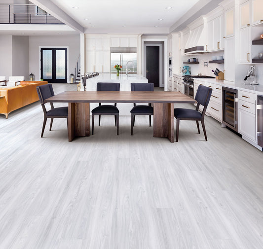 Regal Heights Oyster waterproof SPC vinyl plank flooring, diamond dust finish, micro-bevel edges, 60 by 9 inch planks