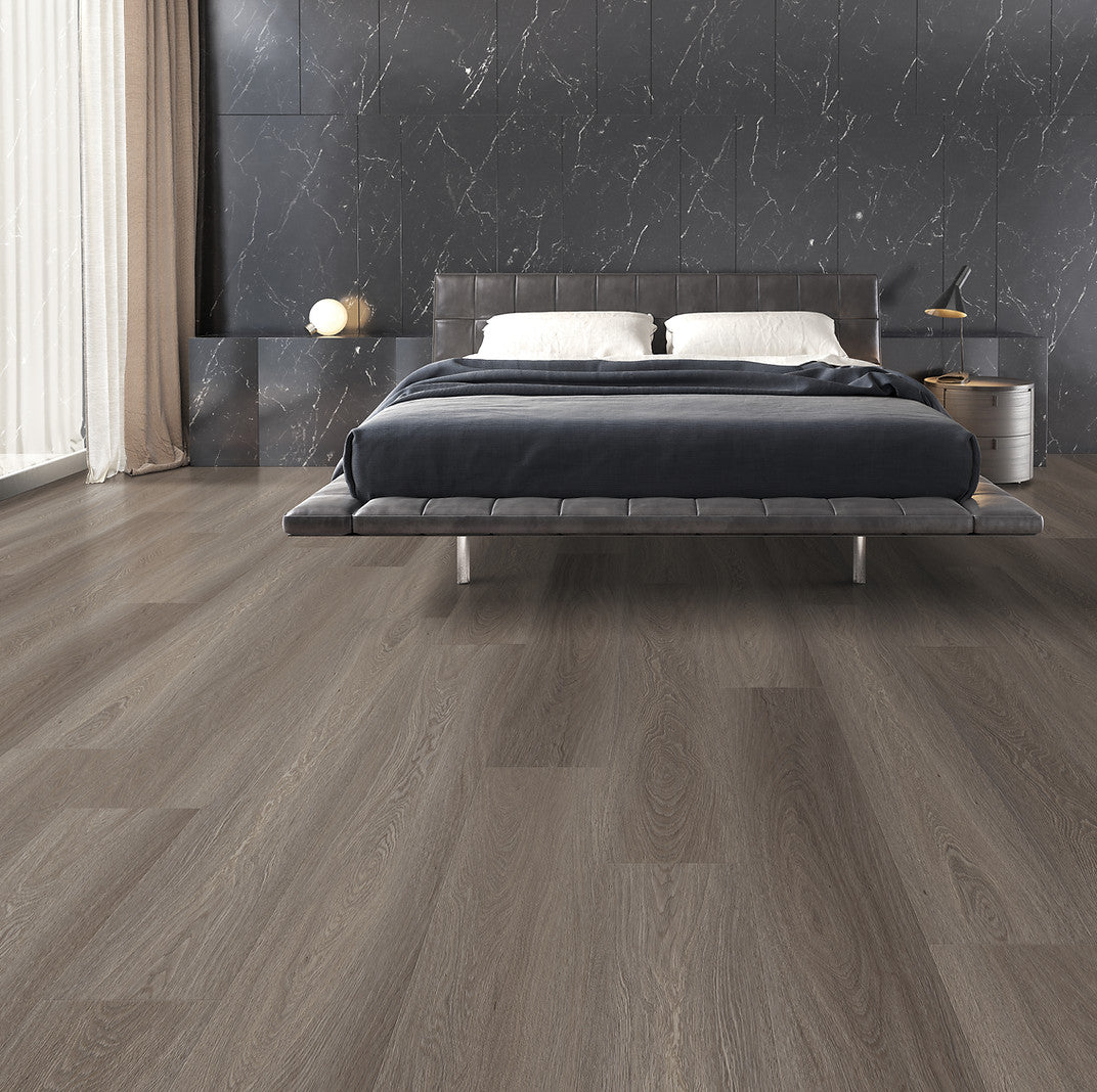 Royal Oaks London Fog waterproof SPC vinyl plank flooring, 60 by 9 inch planks, diamond dust surface, bevel edges