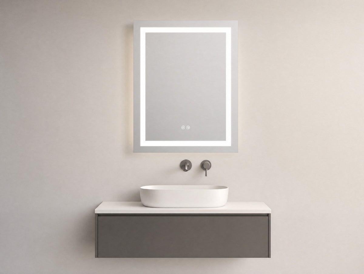 Luster Sensor LED Mirror, frameless rectangular mirror with inserted LED light band over a floating vanity