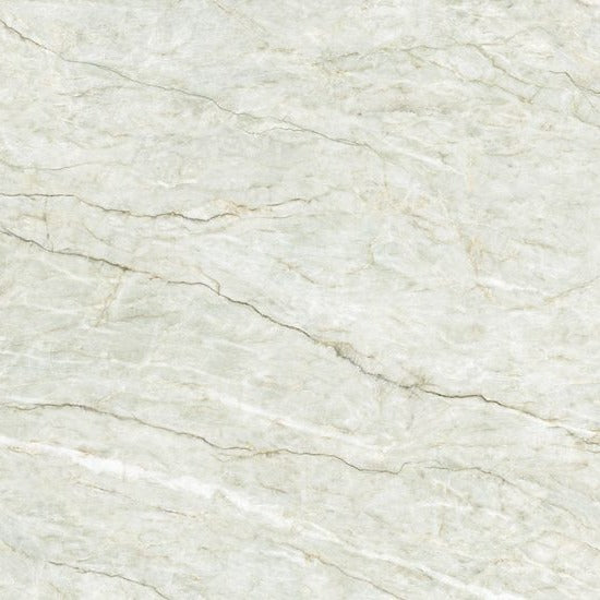 Avena Patina engineered quartz slab, soft sage cream base with gold and grey veining, polished finish