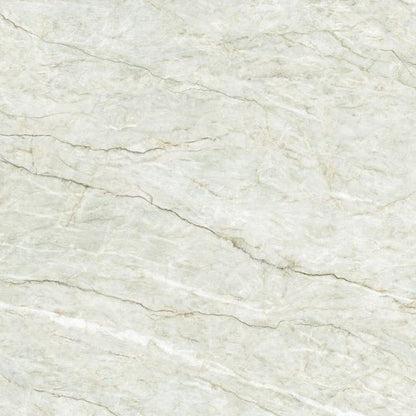 Avena Patina engineered quartz slab, soft sage cream base with gold and grey veining, polished finish