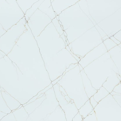 Hidden Aurum engineered quartz slab, bright white base with fine gold veining, polished finish