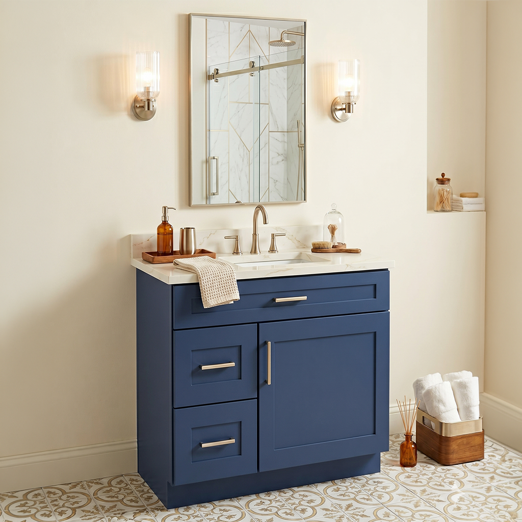 RTA Blue Shaker 30" Freestanding Bathroom Vanity 2-Drawer Left Combo Base