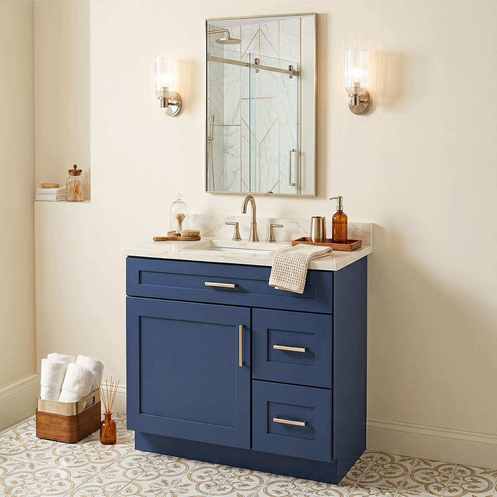 RTA Blue Shaker 30" Freestanding Bathroom Vanity 2-Drawer Right Combo Base