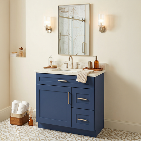 RTA Blue Shaker 30" Freestanding Bathroom Vanity 2-Drawer Right Combo Base