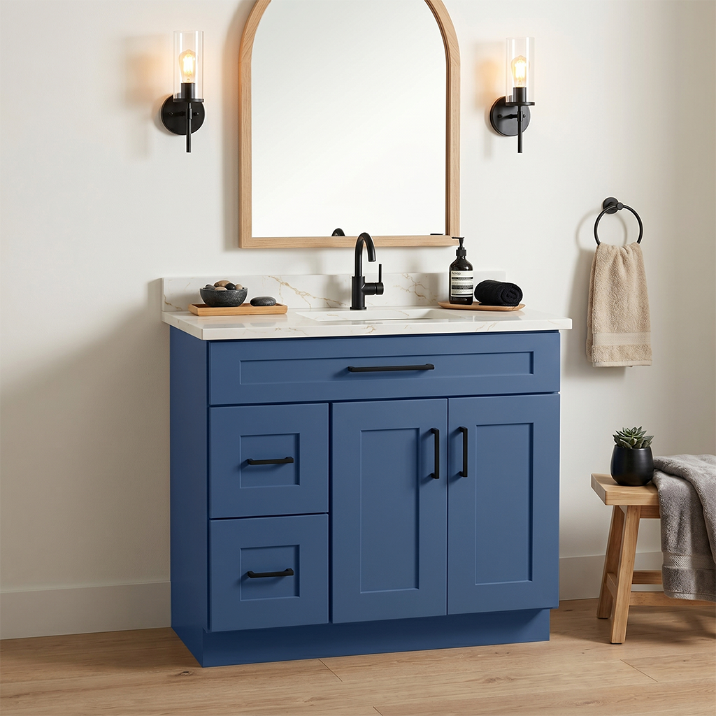 RTA Blue Shaker 36" Freestanding Bathroom Vanity 2-Drawer Left Combo Base